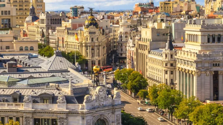 Aerial view of Madrid's rooftops and boulevards